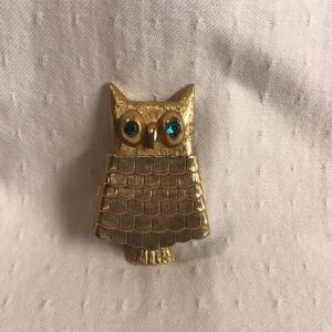 Vintage Avon Owl Perfume Brooch/Pin - Gold Tone with Green Rhinestone Eyes